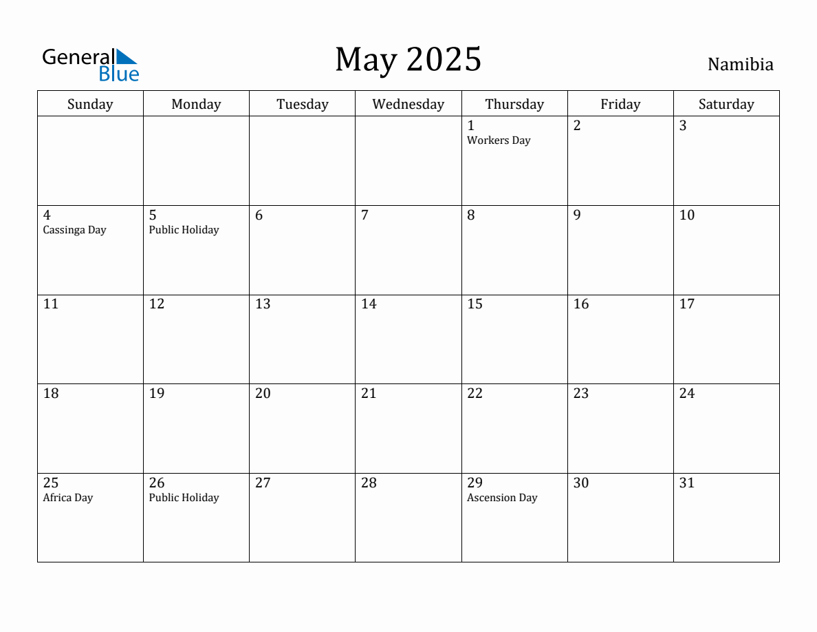 May 2025 Monthly Calendar with Namibia Holidays