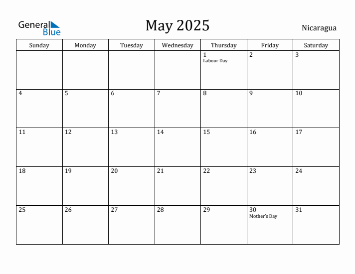 May 2025 Calendar Nicaragua