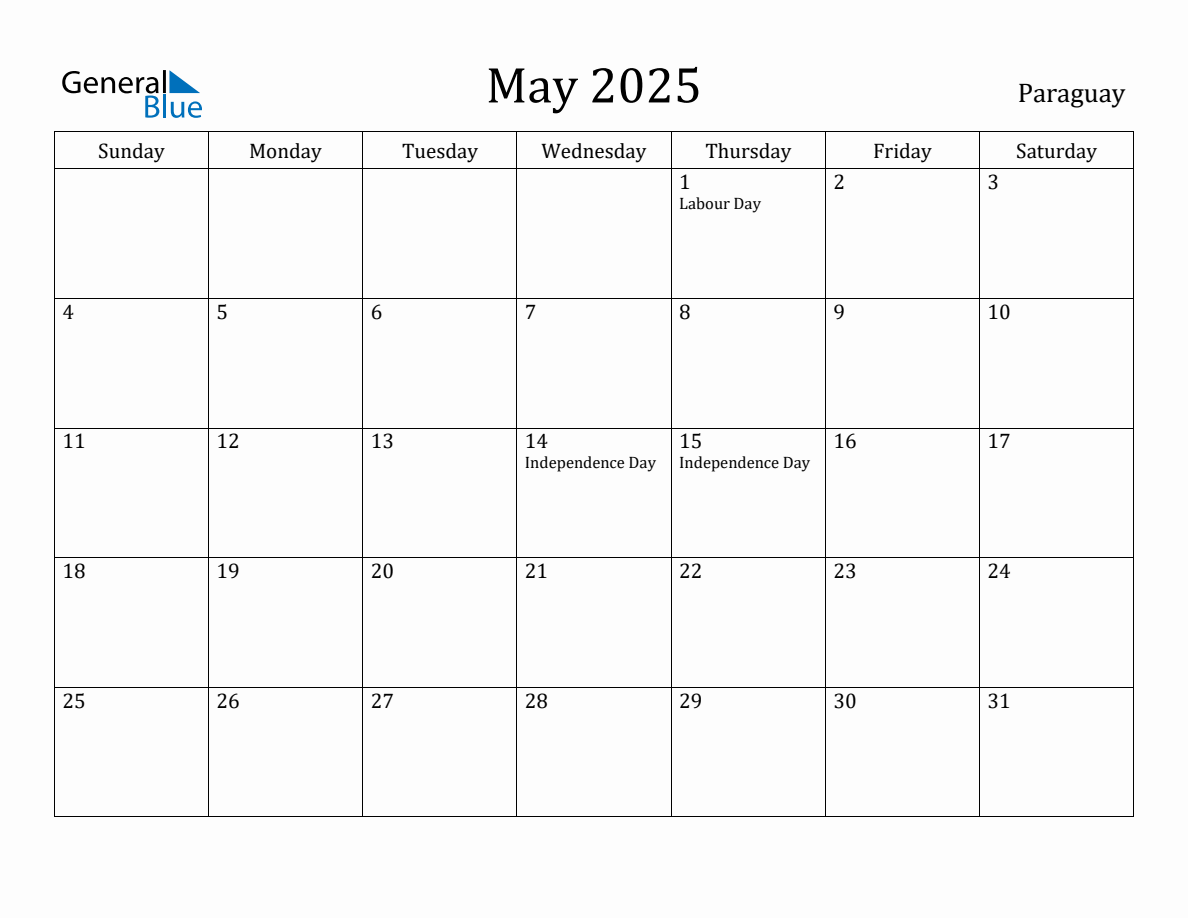 May 2025 Monthly Calendar with Paraguay Holidays