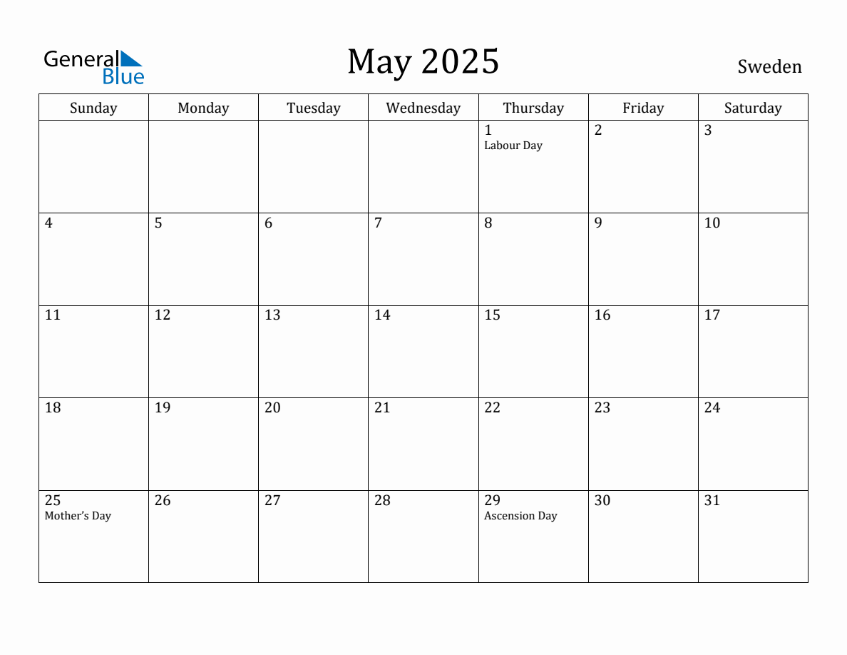 May 2025 Monthly Calendar with Sweden Holidays