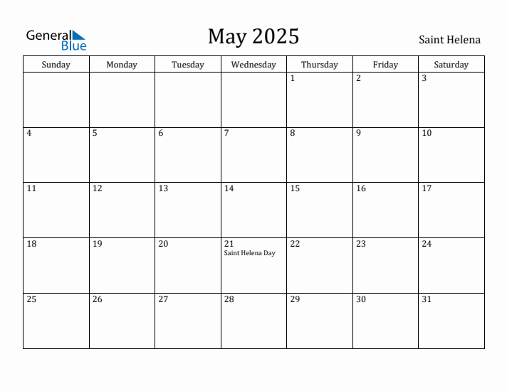 May 2025 Monthly Calendar with Saint Helena Holidays