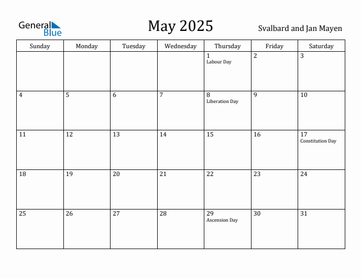 May 2025 Calendar Svalbard and Jan Mayen