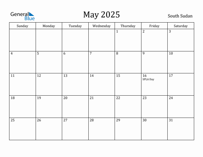 May 2025 Calendar South Sudan