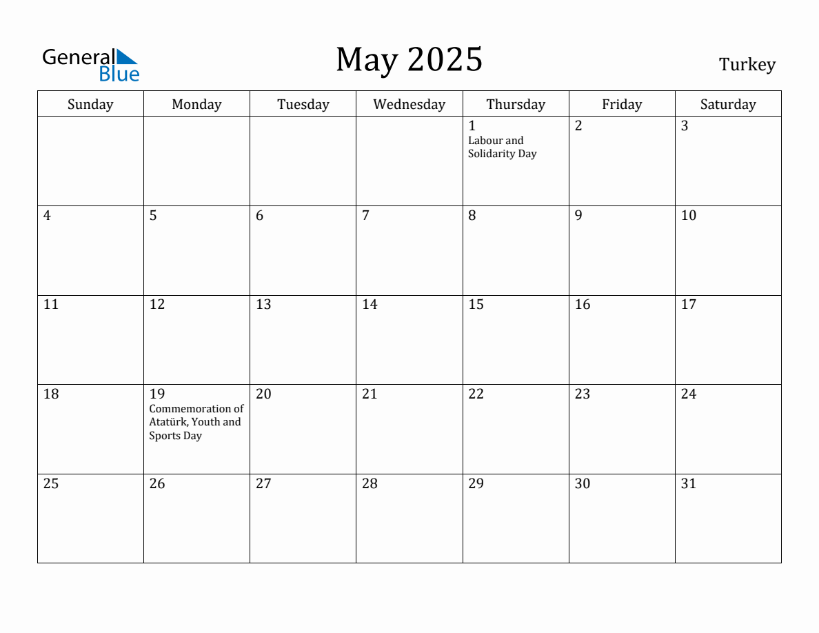 May 2025 Monthly Calendar with Turkey Holidays