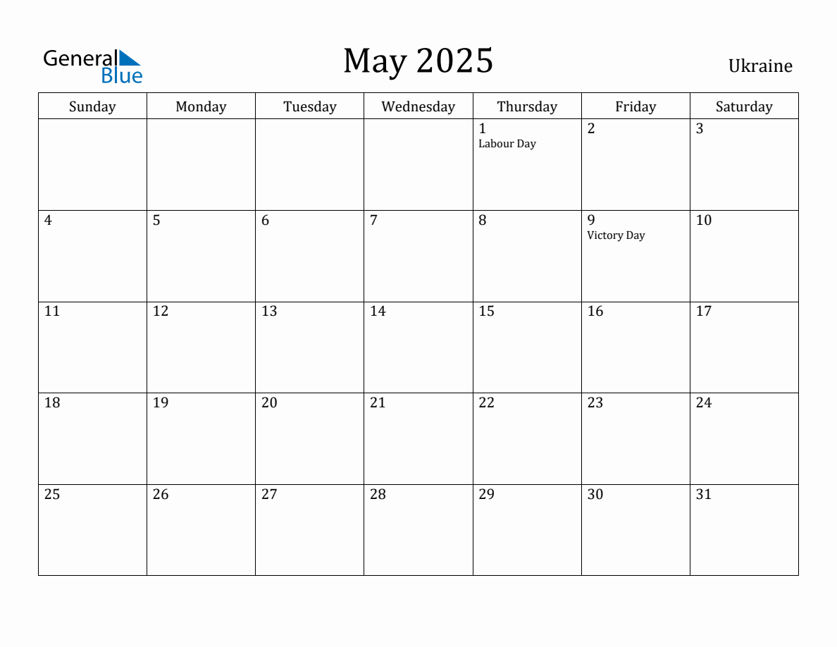 May 2025 Monthly Calendar with Ukraine Holidays