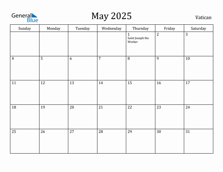 May 2025 Monthly Calendar with Vatican Holidays