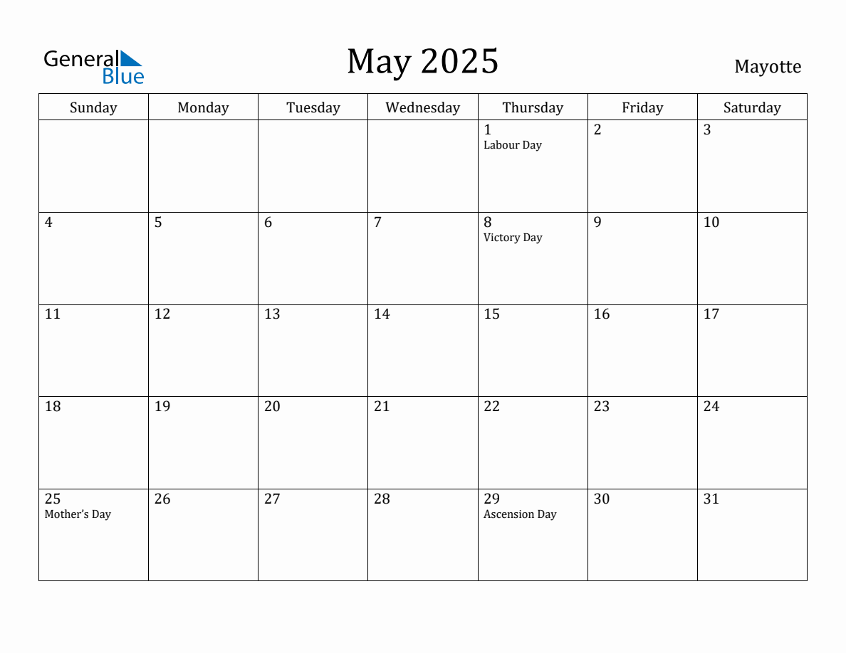 May 2025 Monthly Calendar with Mayotte Holidays