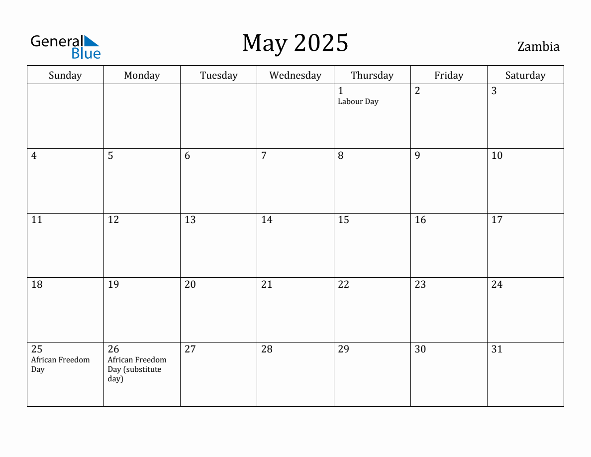 May 2025 Monthly Calendar with Zambia Holidays