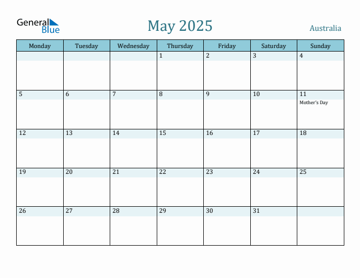 May 2025 Australia Monthly Calendar with Holidays