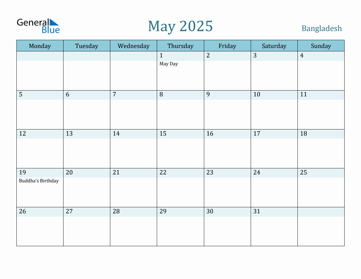 Bangladesh Holiday Calendar for May 2025