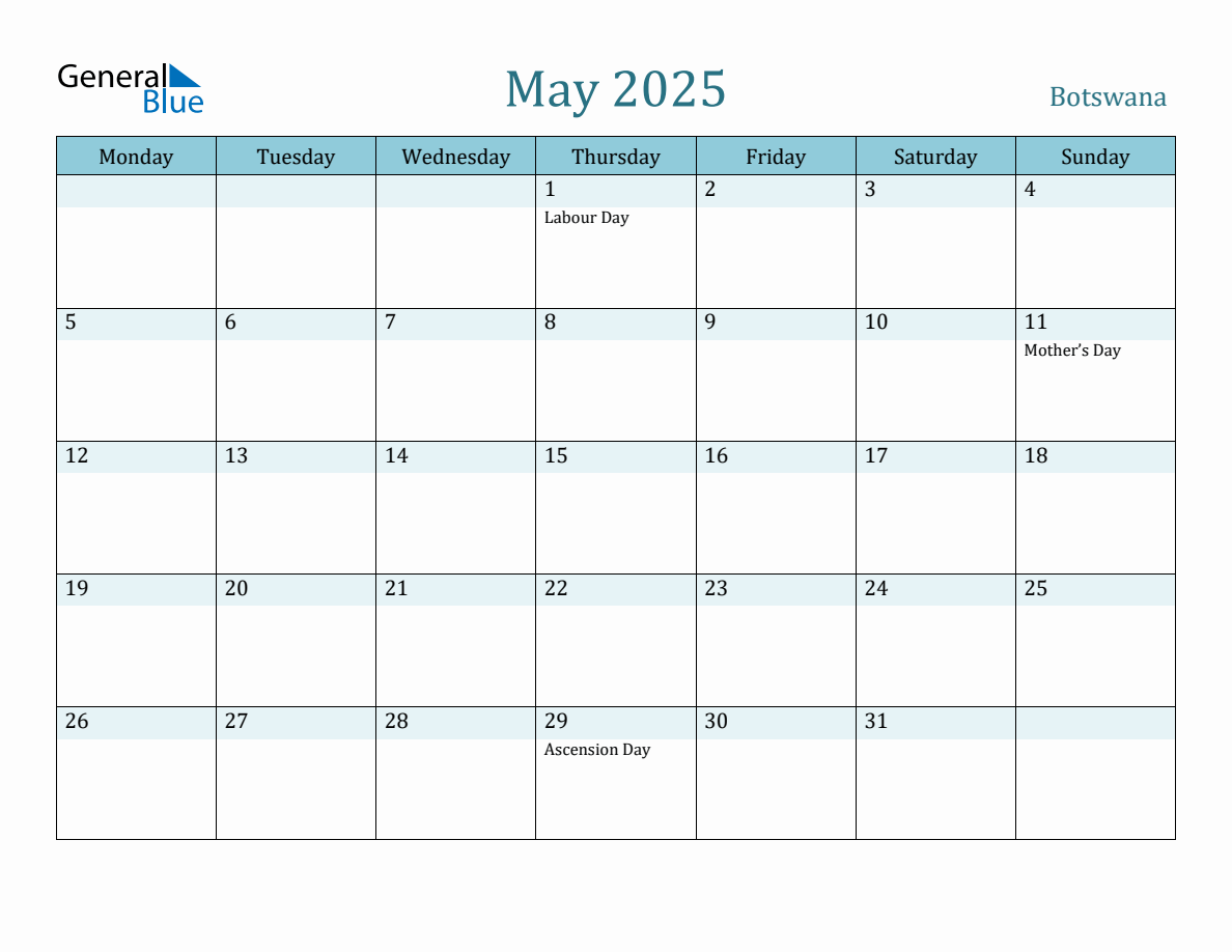 Botswana Holiday Calendar for May 2025