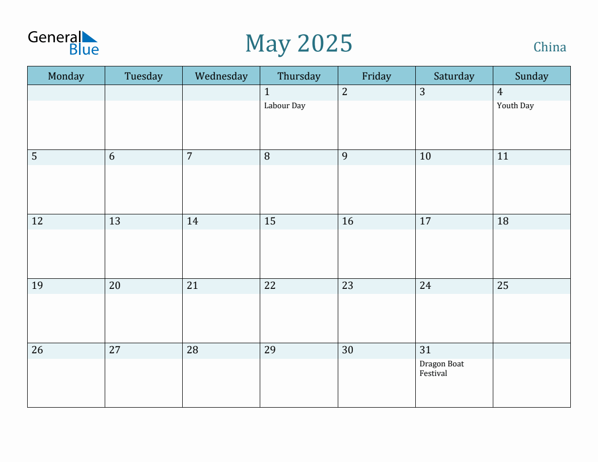 China Holiday Calendar for May 2025
