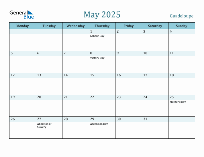 Guadeloupe Holiday Calendar for May 2025