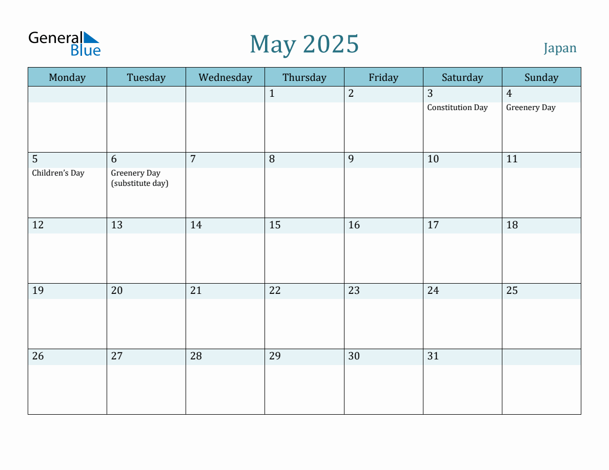 Japan Holiday Calendar for May 2025