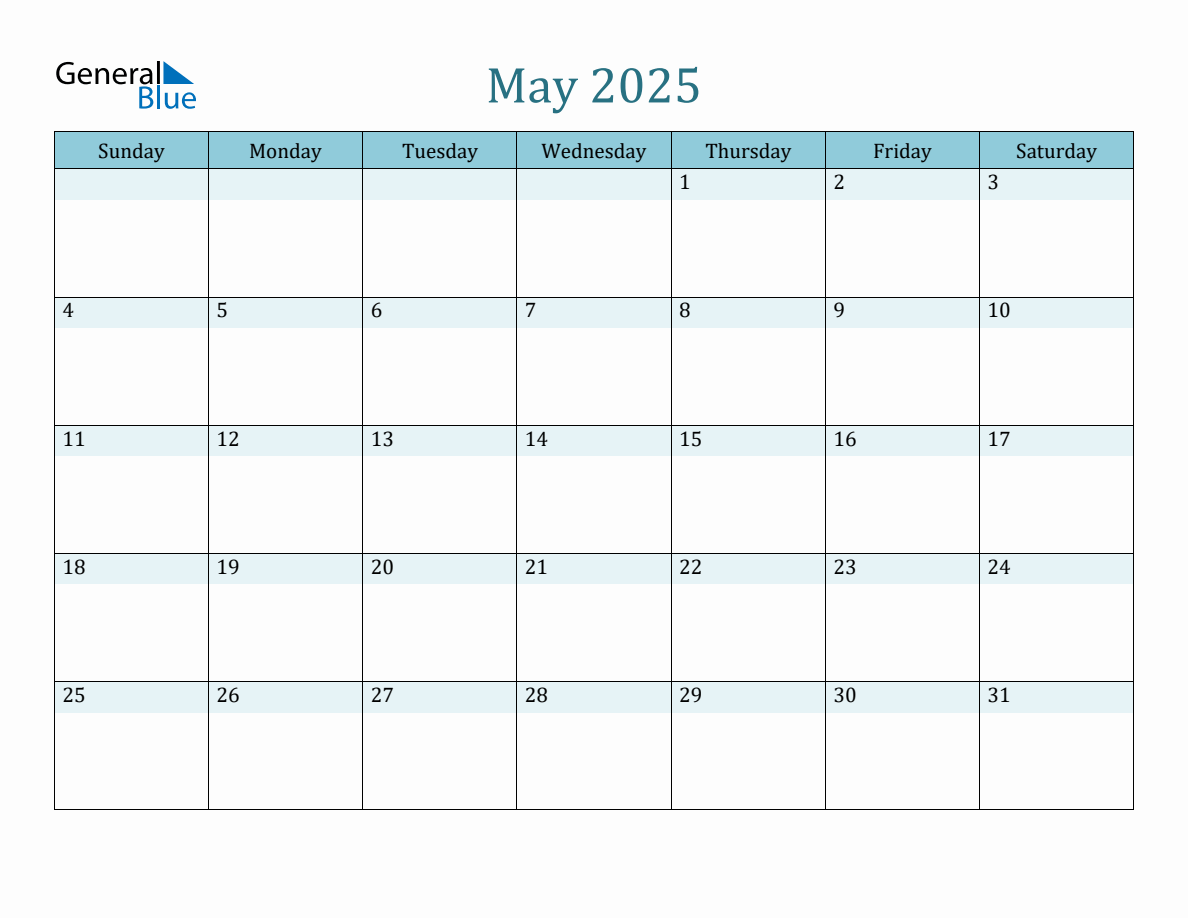 May 2025 Monthly Calendar Template (Sunday Start)