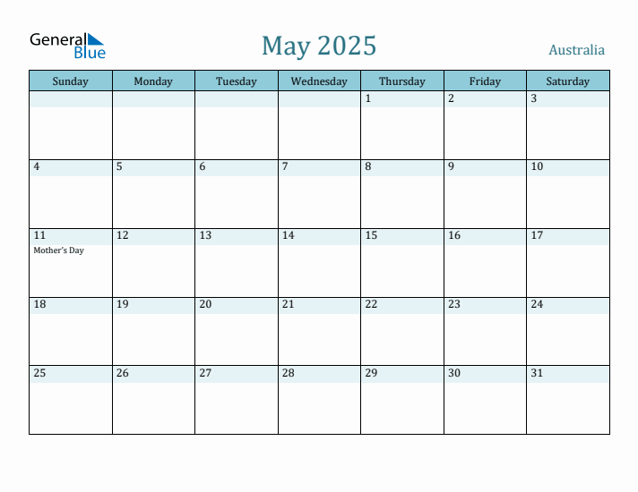 May 2025 Monthly Calendar with Australia Holidays