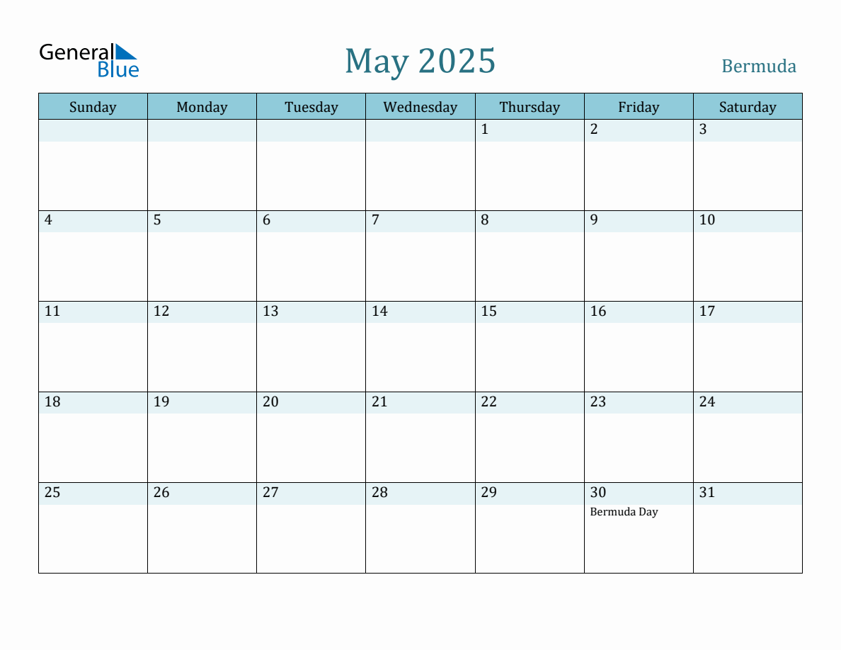 Bermuda Holiday Calendar for May 2025