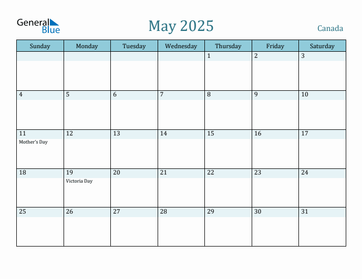 May 2025 Monthly Calendar with Canada Holidays