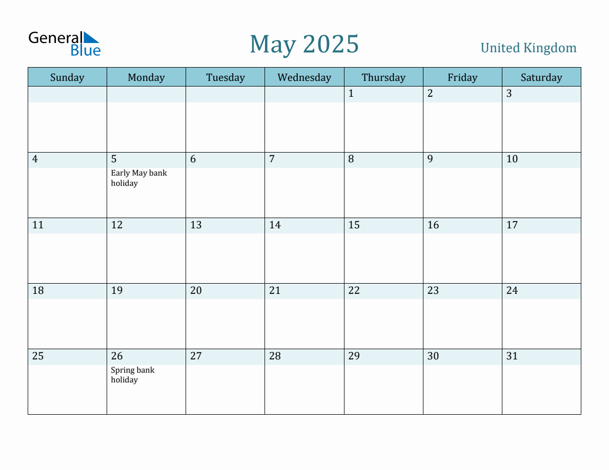 United Kingdom Holiday Calendar for May 2025