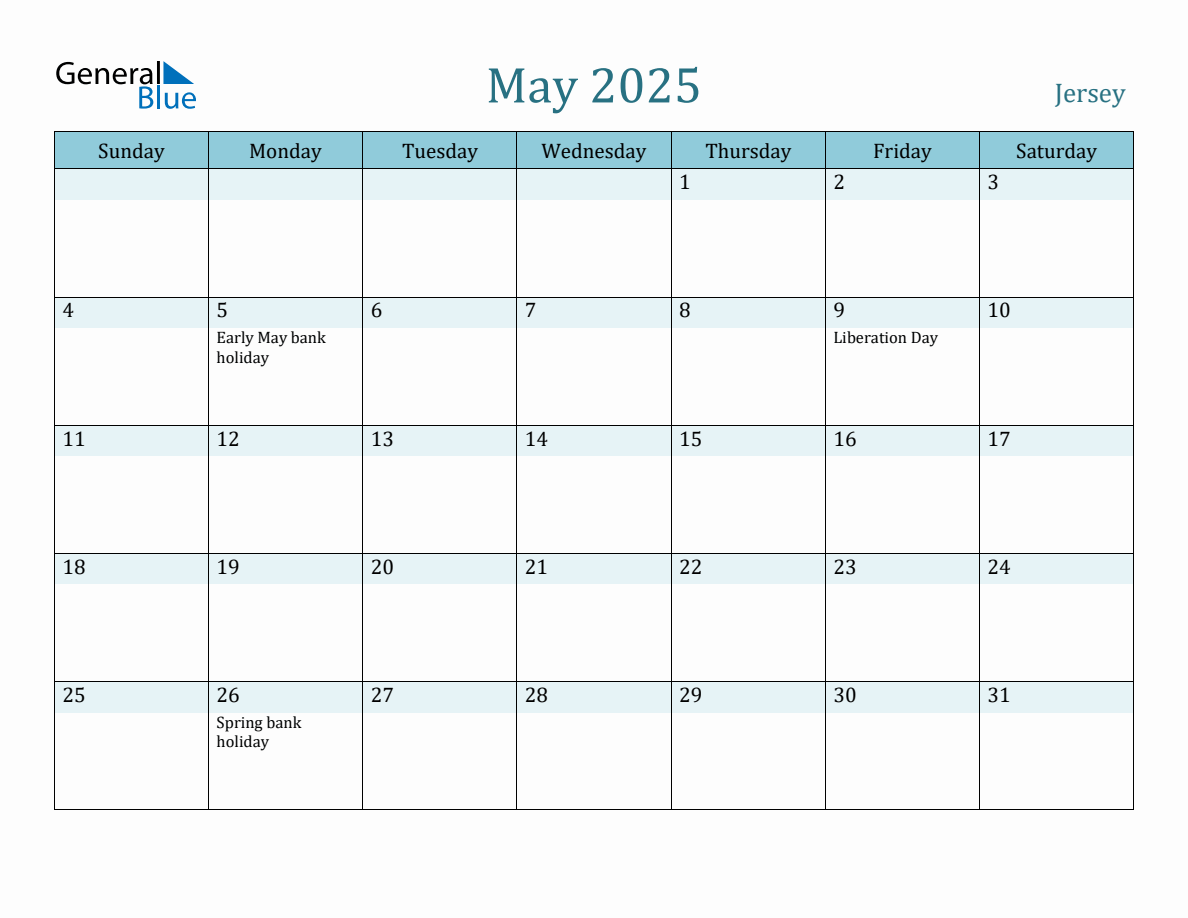 Jersey Holiday Calendar for May 2025