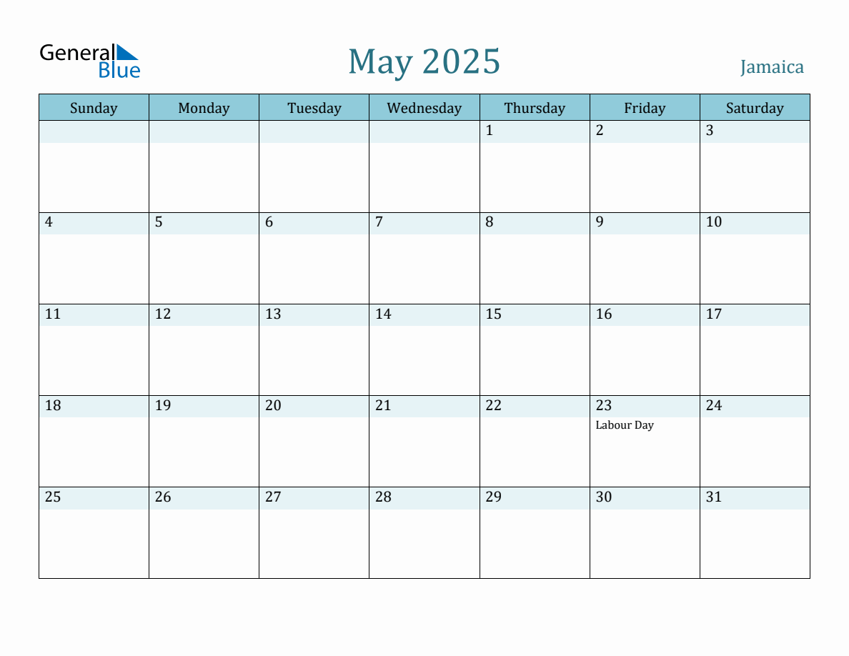 Jamaica Holiday Calendar for May 2025