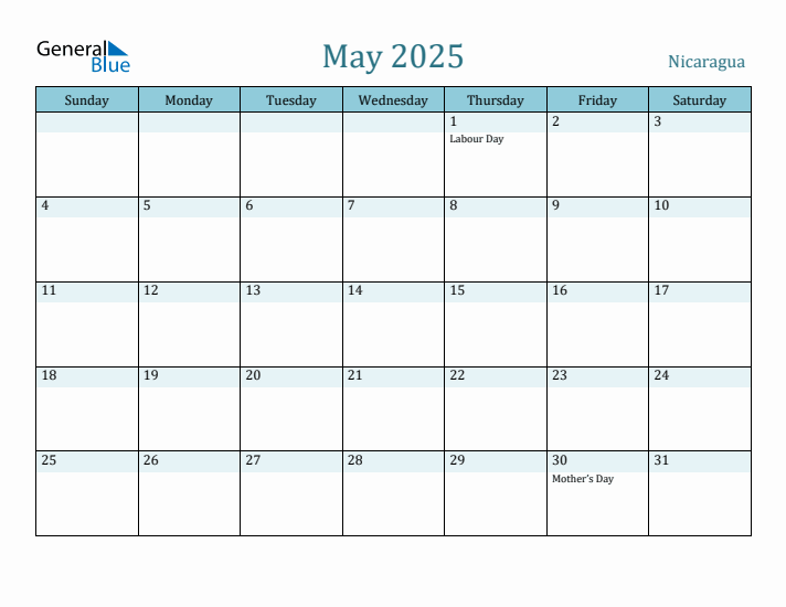 Nicaragua Holiday Calendar for May 2025