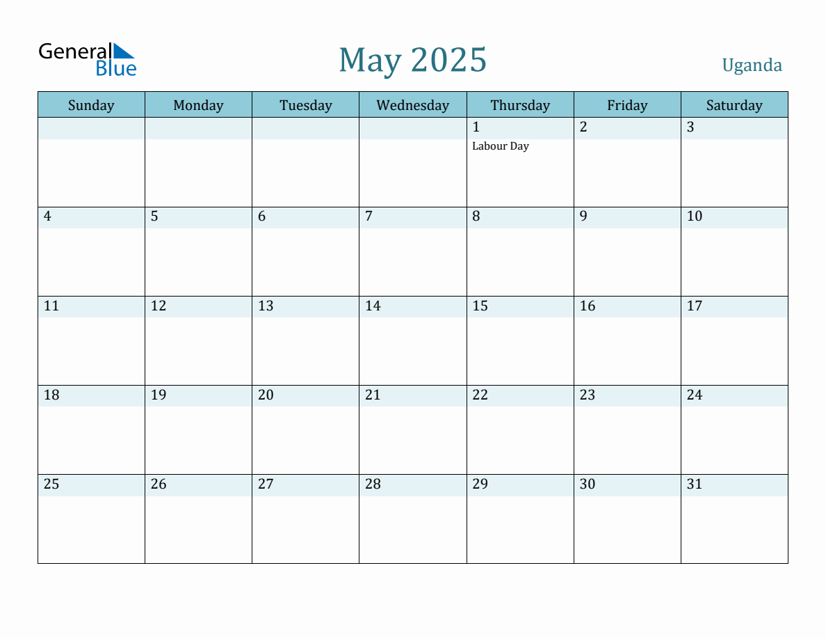 Uganda Holiday Calendar for May 2025