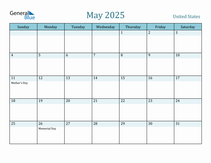 United States Holiday Calendar for May 2025
