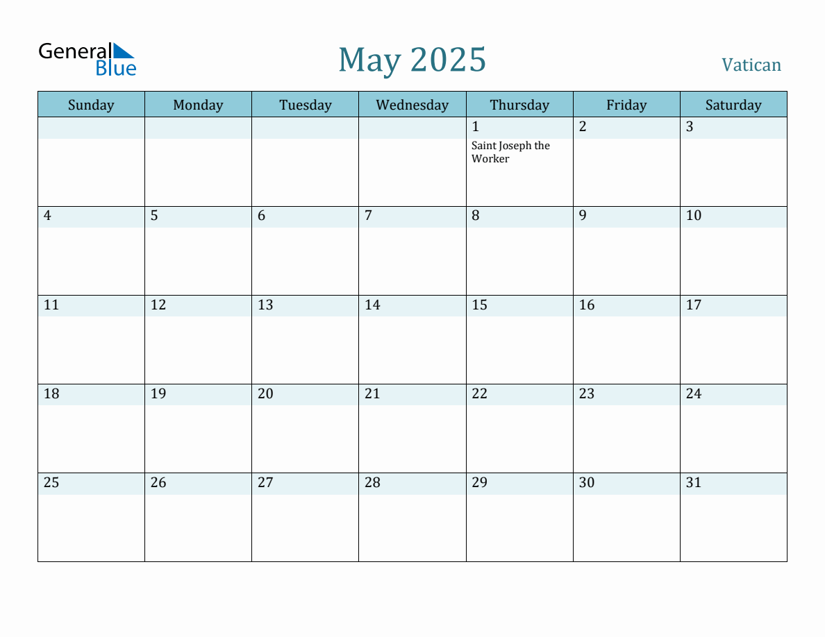 Vatican Holiday Calendar for May 2025