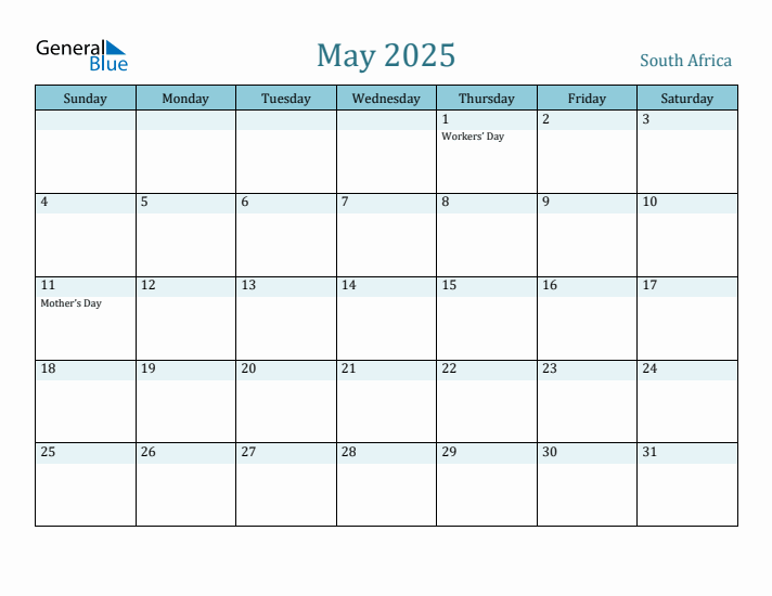 May 2025 Monthly Calendar with South Africa Holidays