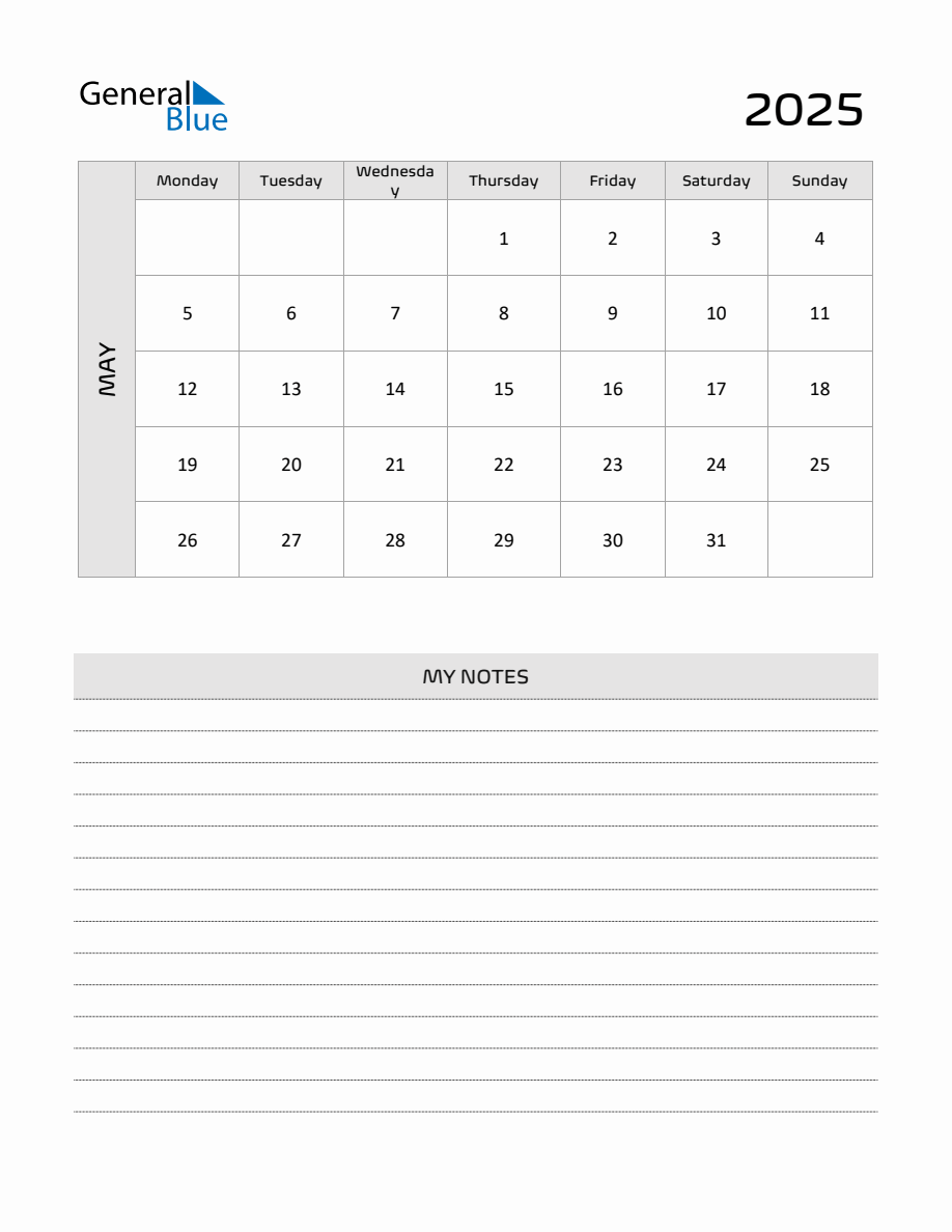 May 2025 Printable Monthly Calendar with Notes