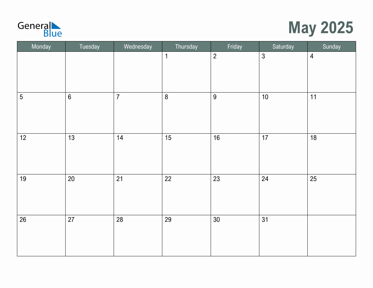 Blank May 2025 Monthly Calendar Template