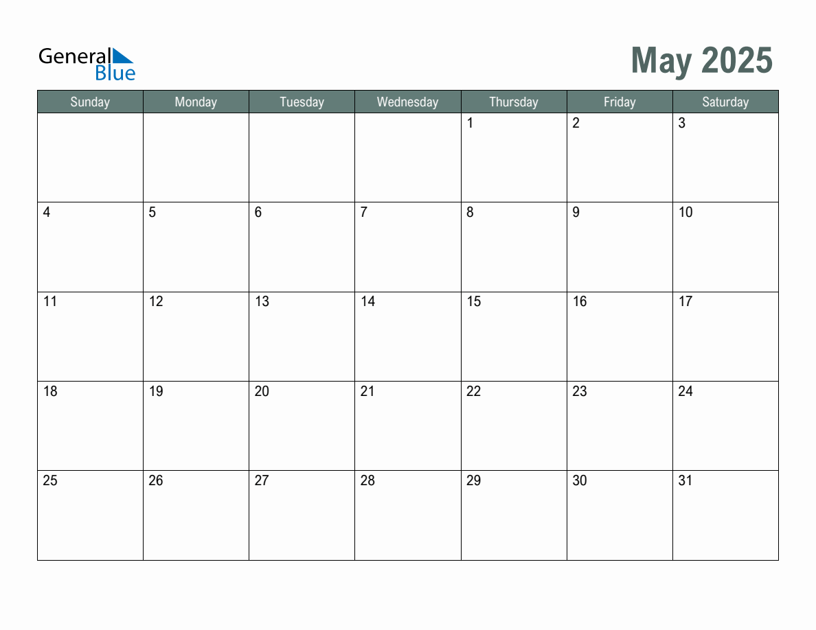 Blank May 2025 Monthly Calendar Template