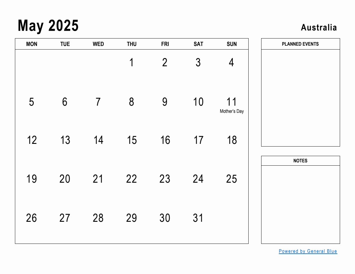 May 2025 Planner with Australia Holidays