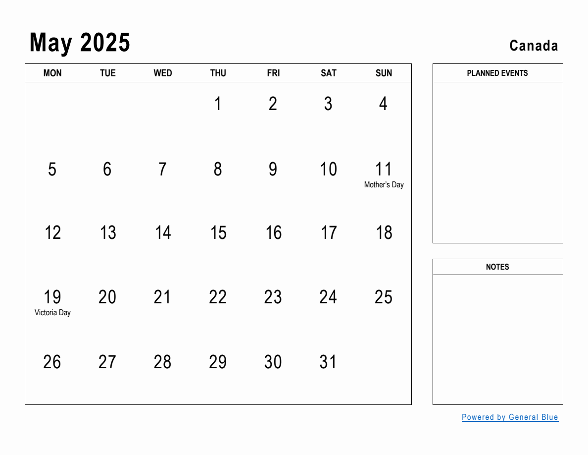 May 2025 Planner with Canada Holidays