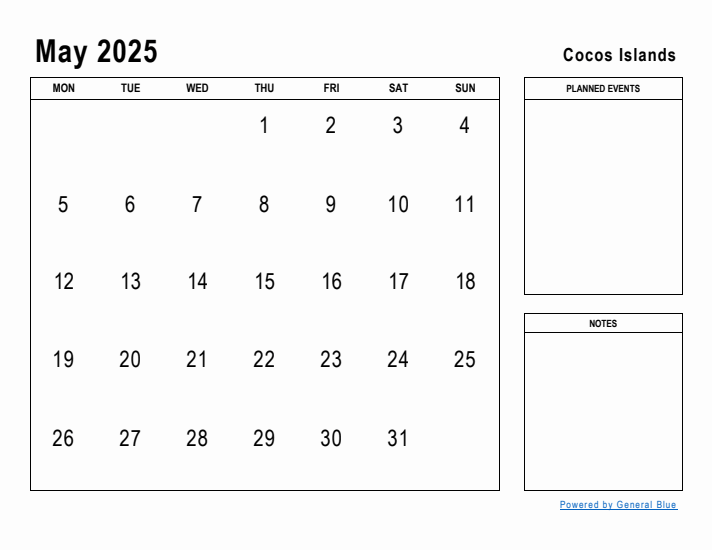 May 2025 Planner with Cocos Islands Holidays