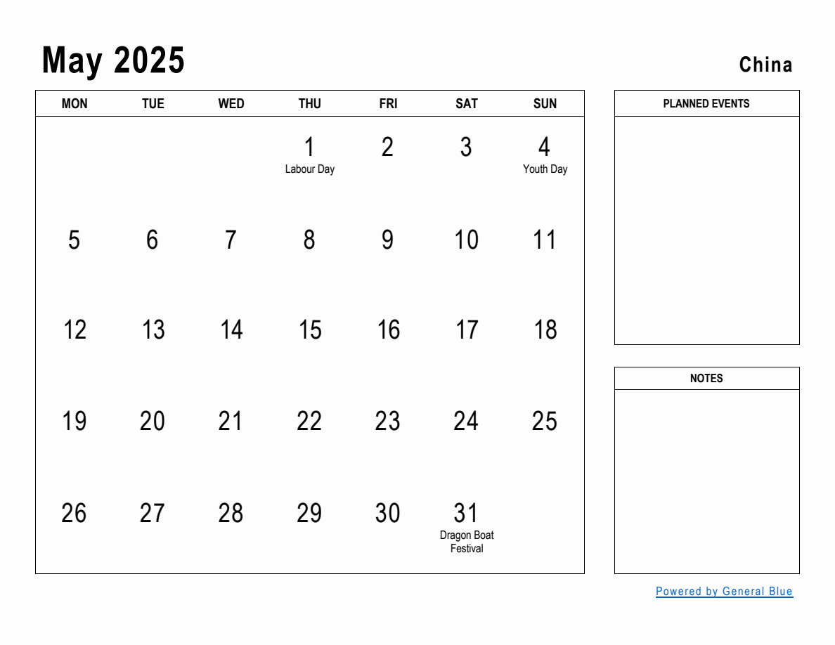 May 2025 Planner with China Holidays