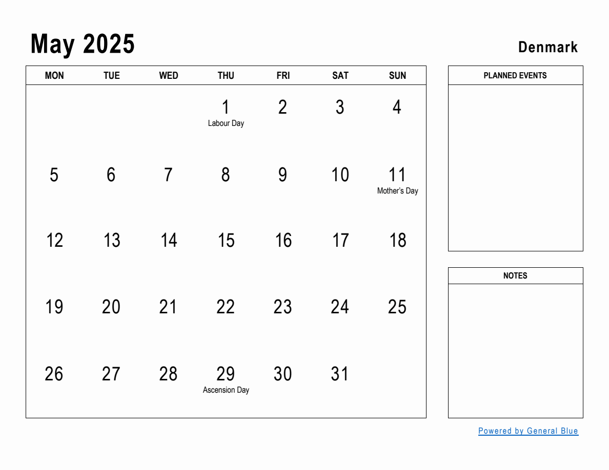 May 2025 Planner with Denmark Holidays