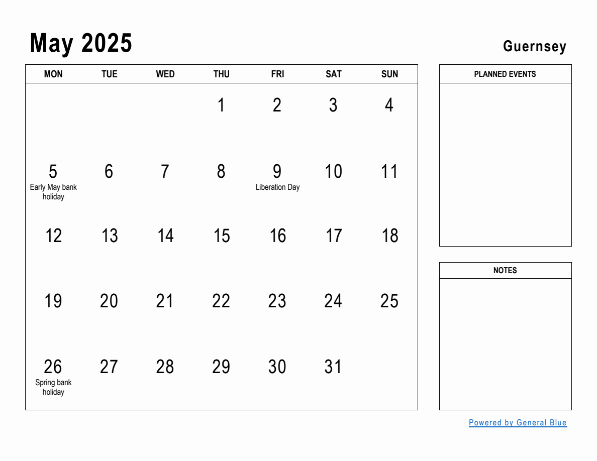 May 2025 Planner with Guernsey Holidays