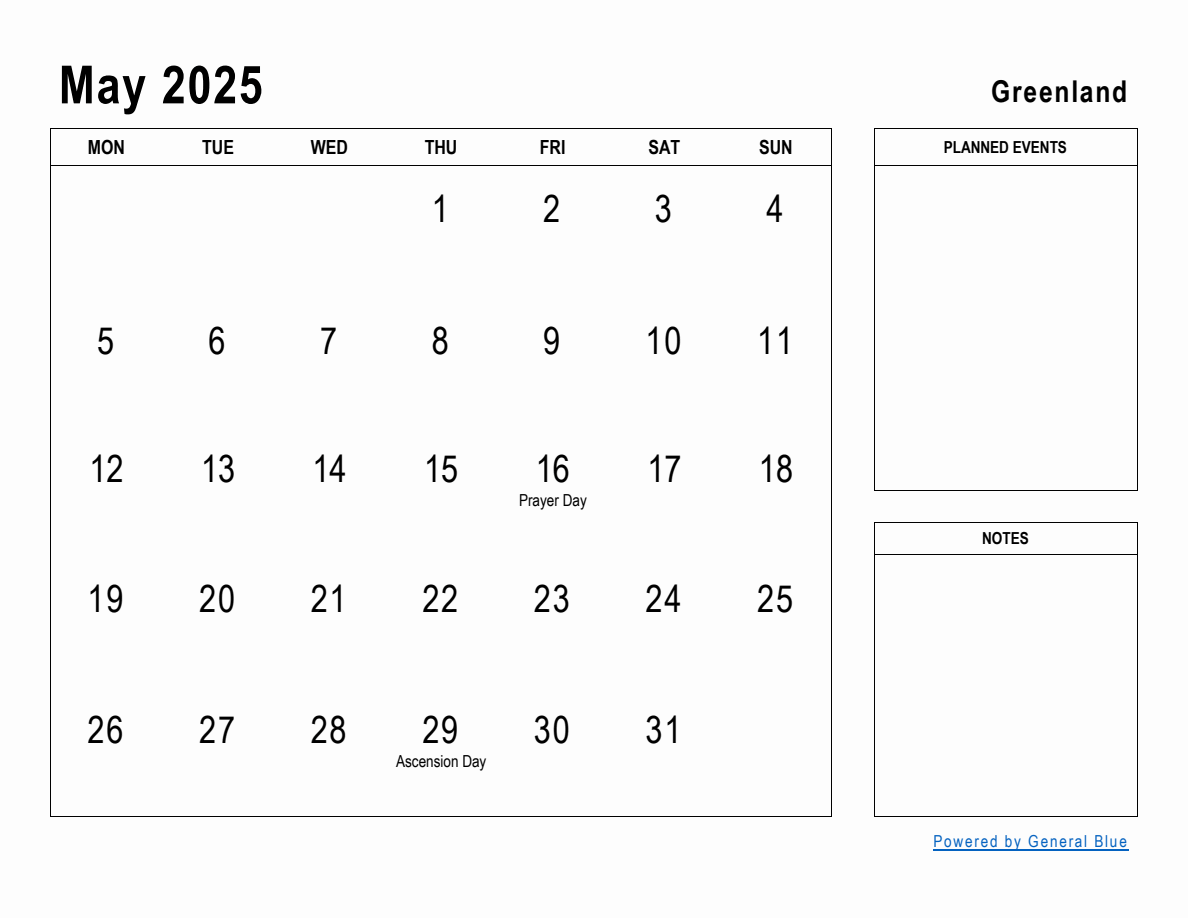 May 2025 Planner with Greenland Holidays