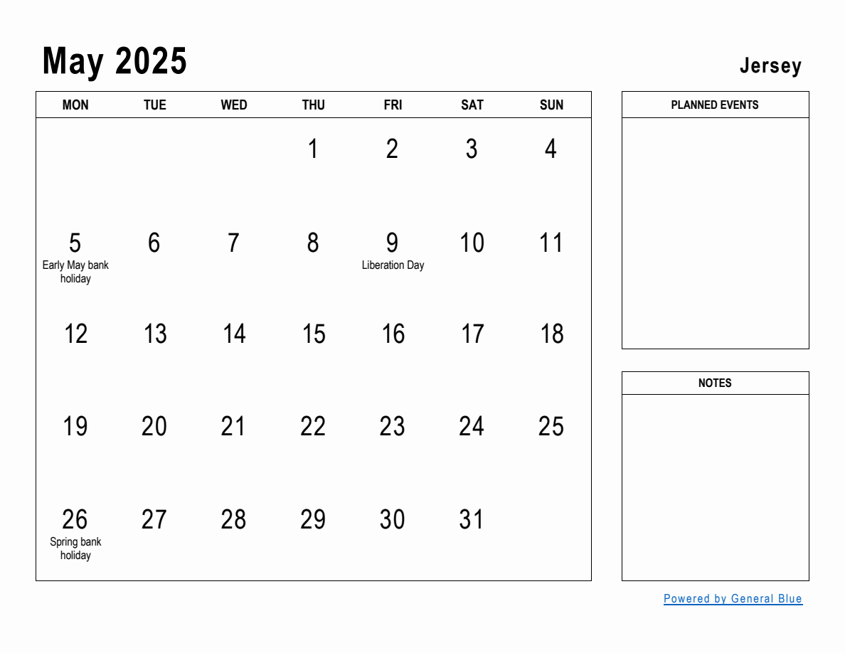 May 2025 Planner with Jersey Holidays