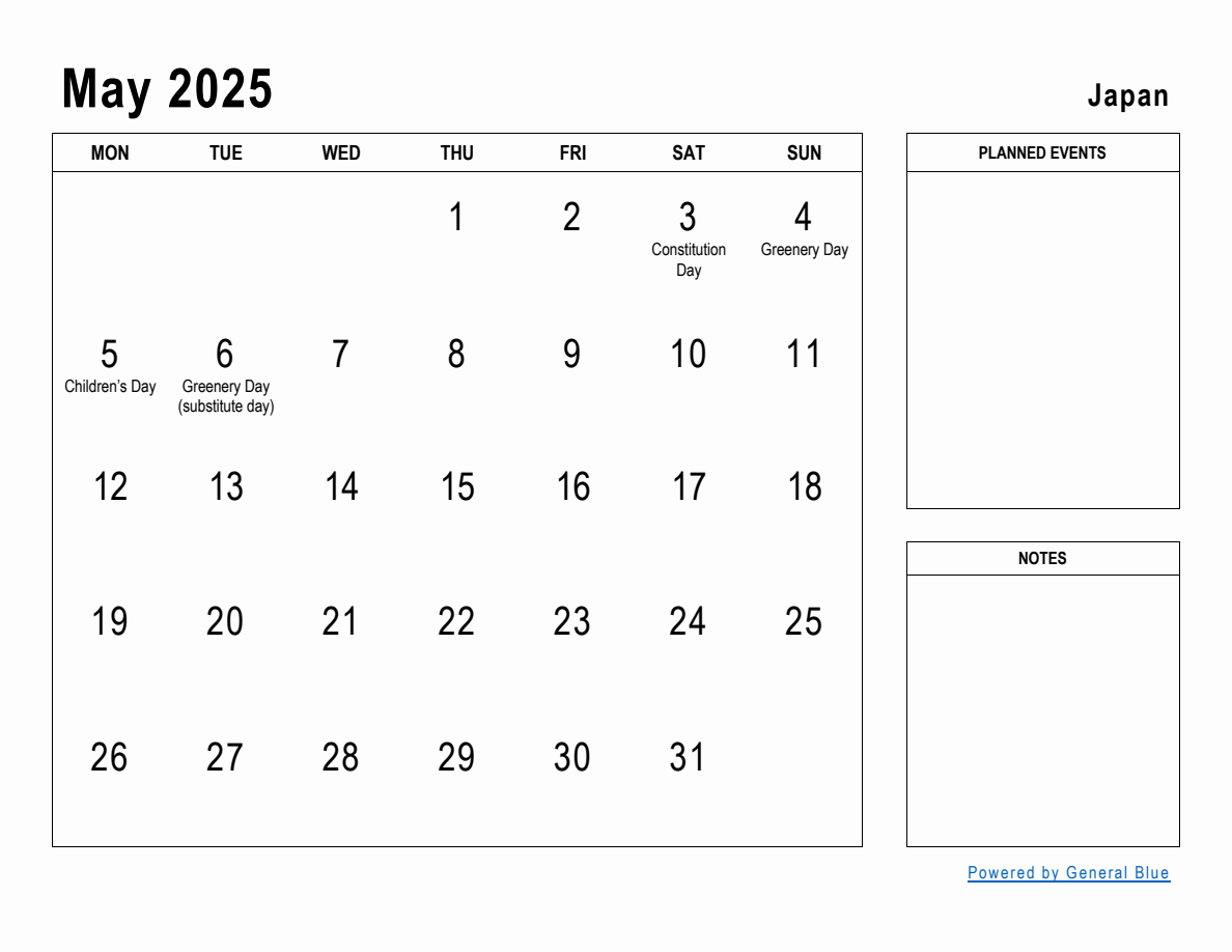 May 2025 Planner with Japan Holidays