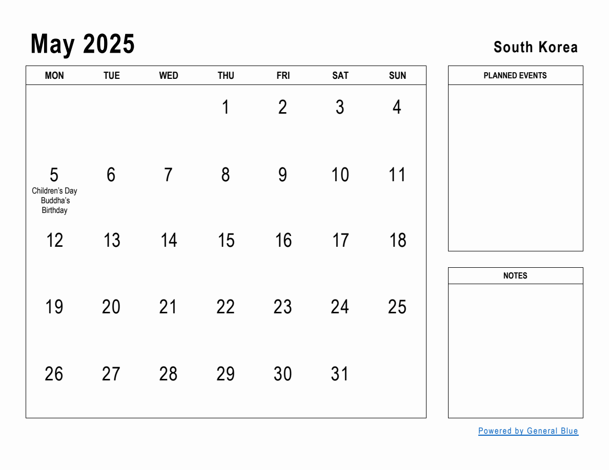 May 2025 Planner with South Korea Holidays