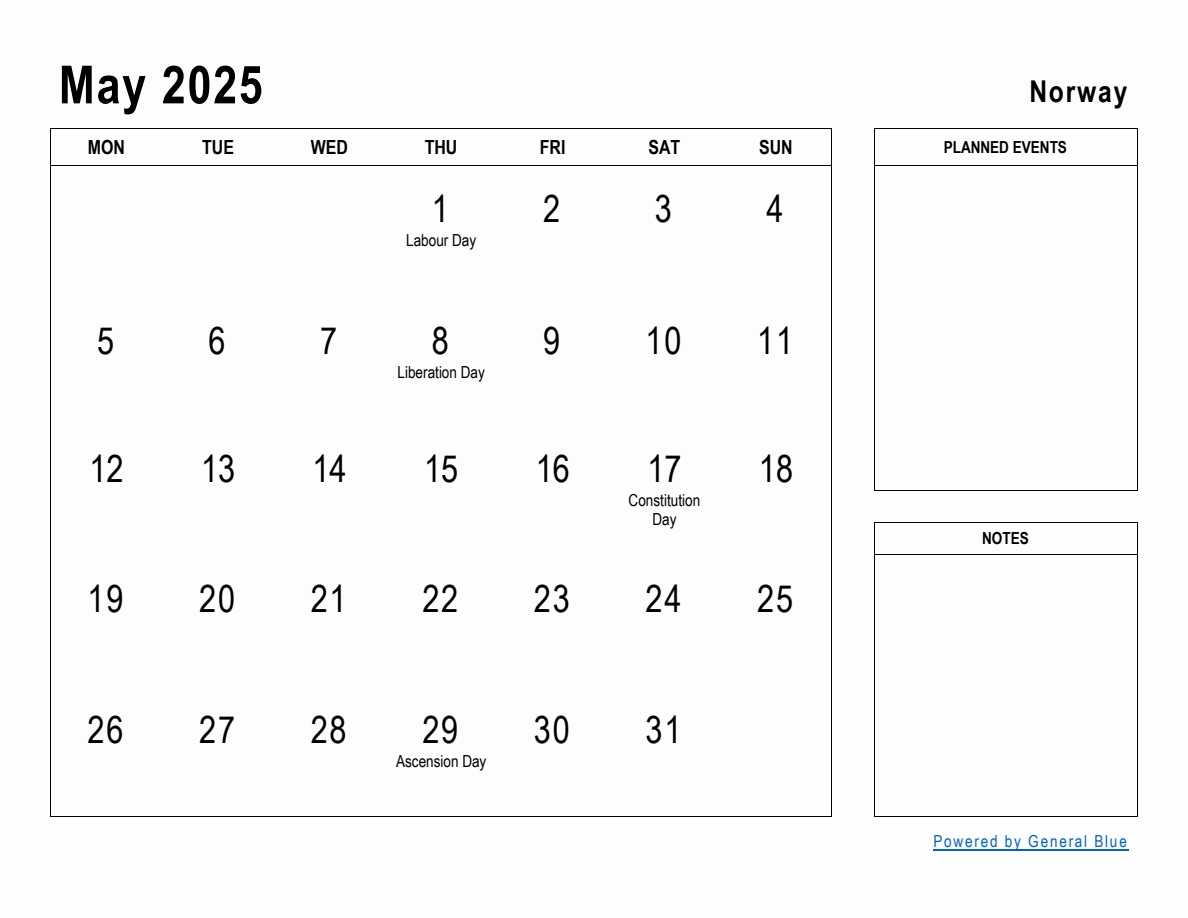 May 2025 Planner with Norway Holidays