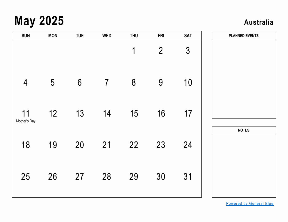 May 2025 Planner with Australia Holidays