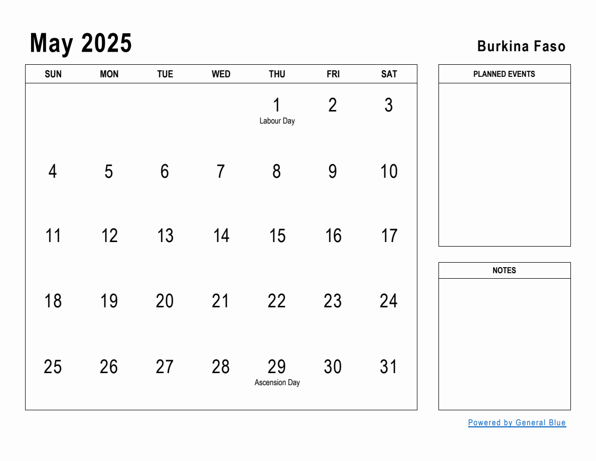 May 2025 Planner with Burkina Faso Holidays