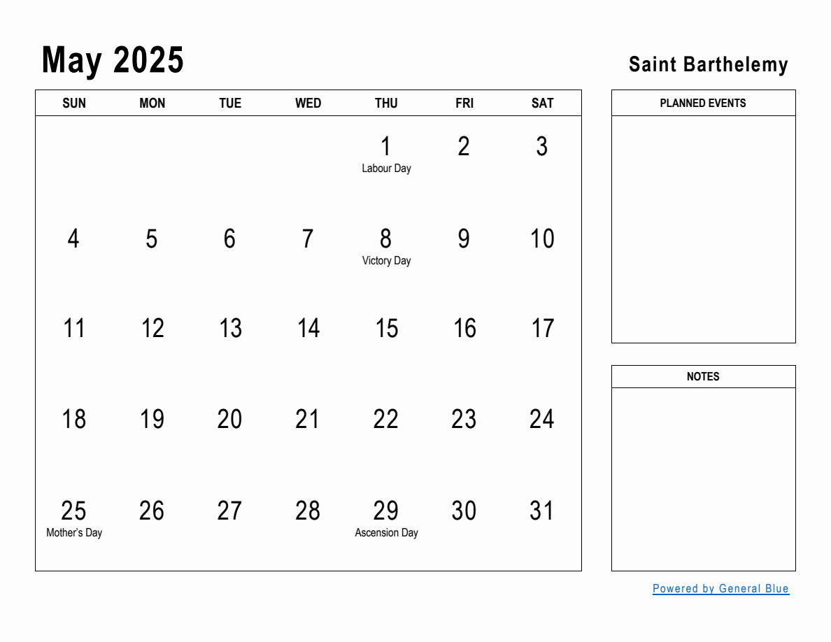 May 2025 Planner with Saint Barthelemy Holidays