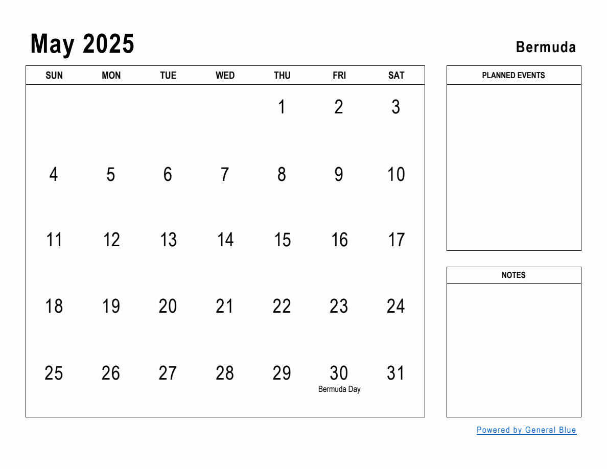 May 2025 Planner with Bermuda Holidays