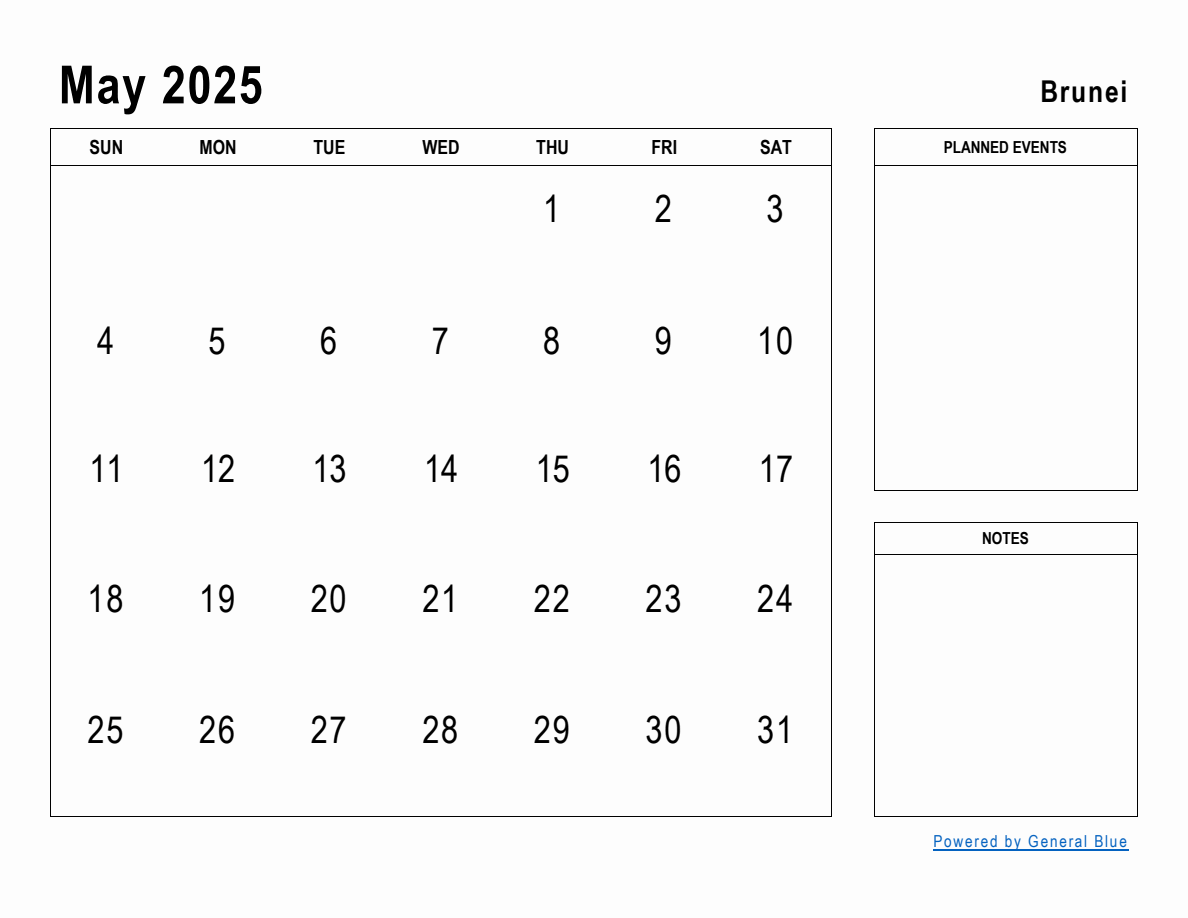 May 2025 Planner with Brunei Holidays