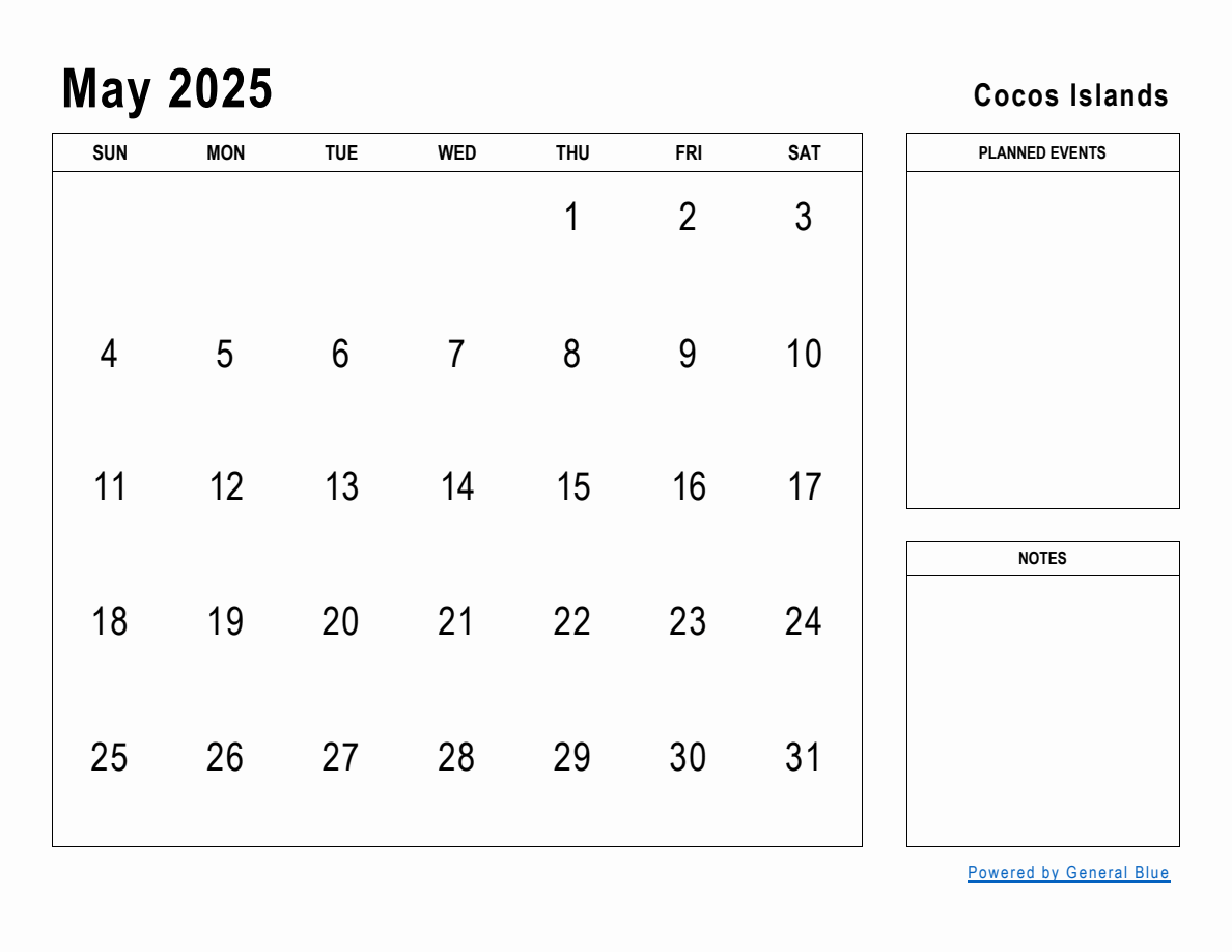 May 2025 Planner with Cocos Islands Holidays